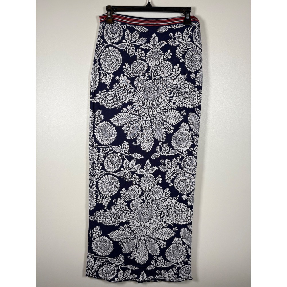 Peruvian Connection Maxi Skirt Anjali 100% Pima Cotton Floral Jacquard Blue M - Picture 2 of 11